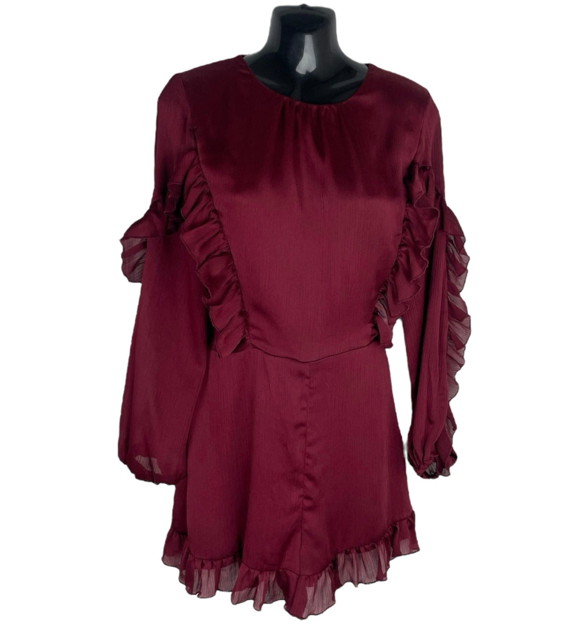River Island Deep Red Playsuit Long Sleeve Frill Accents Women’s UK Size 12