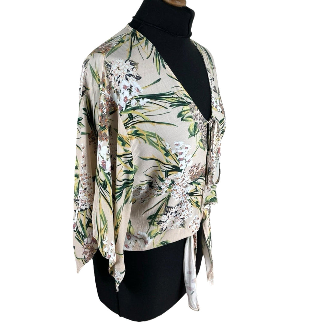 River Island Pink Floral Crop Top Tie Front 3/4 Sleeve Pastel Women's UK Size 12