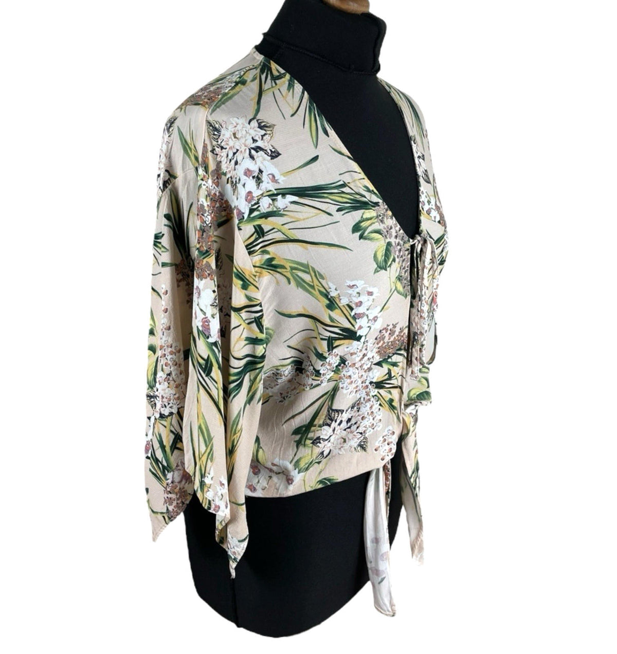 River Island Pink Floral Crop Top Tie Front 3/4 Sleeve Pastel Women's UK Size 12