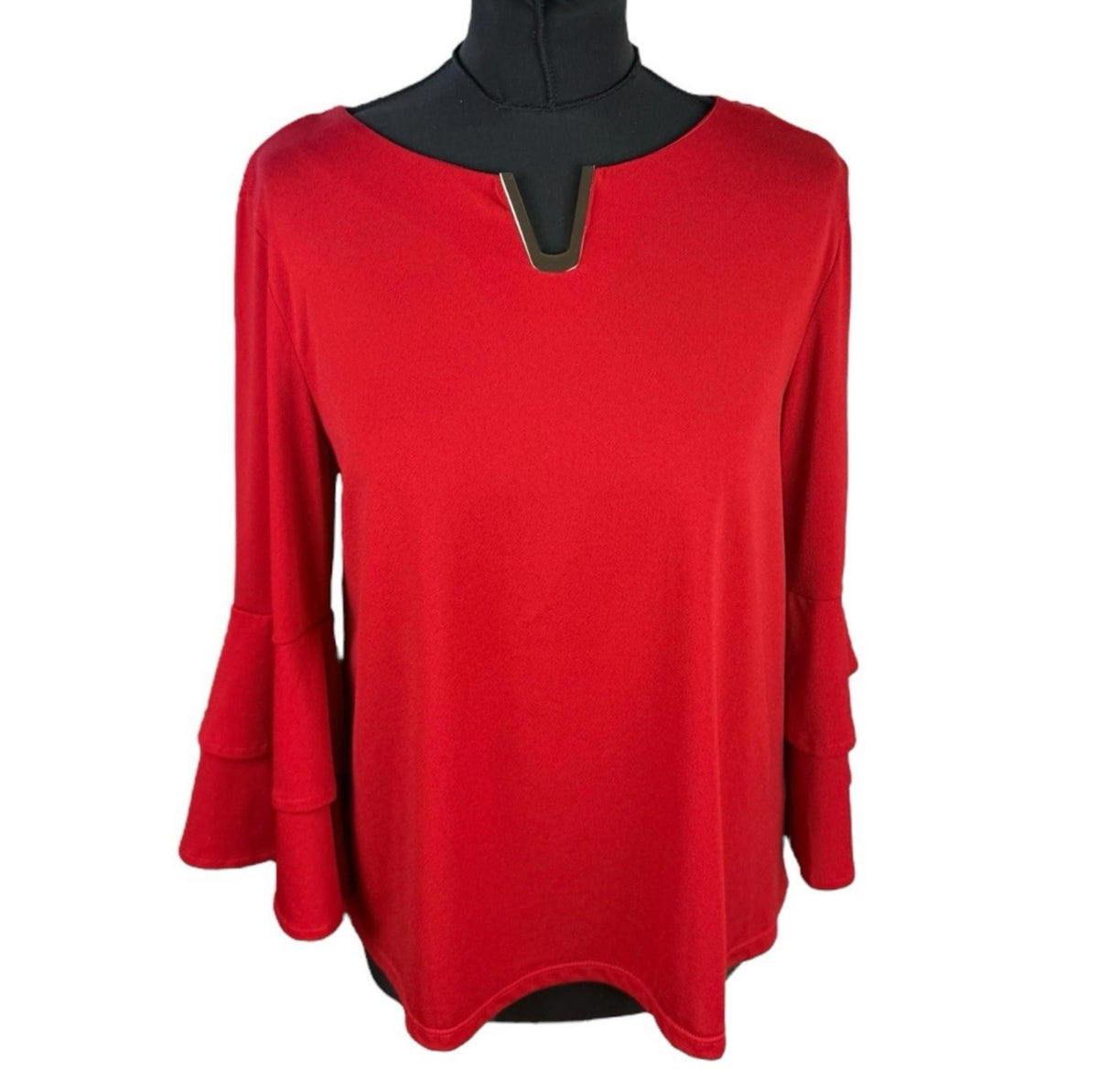 Klass Red Klass Bright Red Blouse 3/4 Sleeve Gold Buckle Detail Women's UK Size M