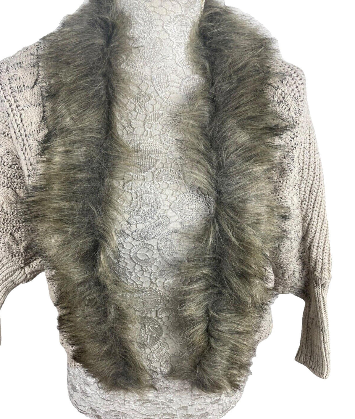 Floryday Beige Faux Fur Trimmed Knit Cardigan Sweater Women's UK Size S
