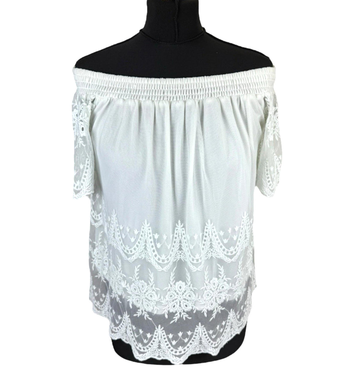 New Look Off Shoulder Blouse Women's UK Size 10 White Lace Trim Shirred Bardot