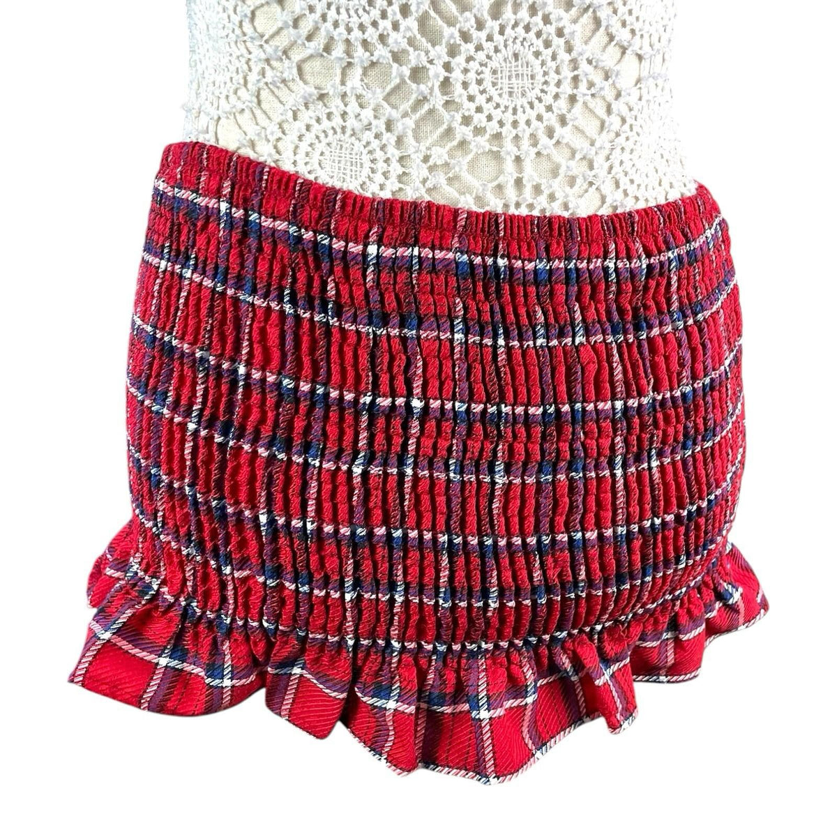 China Base Red Tartan Mini Skirt Shirred High Waist Women's UK Size 8
