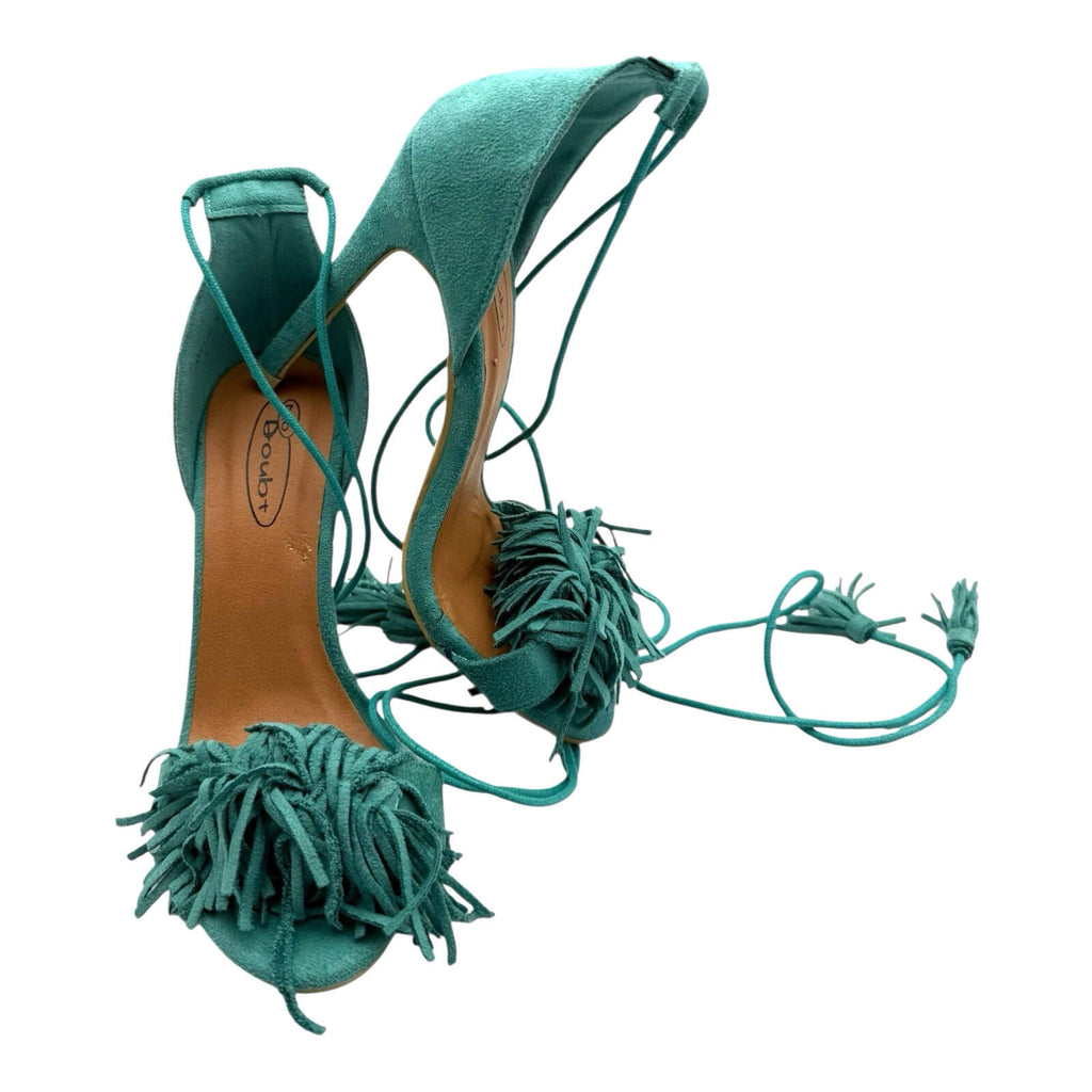 No Doubt DarkGreen No Doubt Strap Up Stiletto Shoes Women's UK Size 4 Open Tasseled Toe Green Suede
