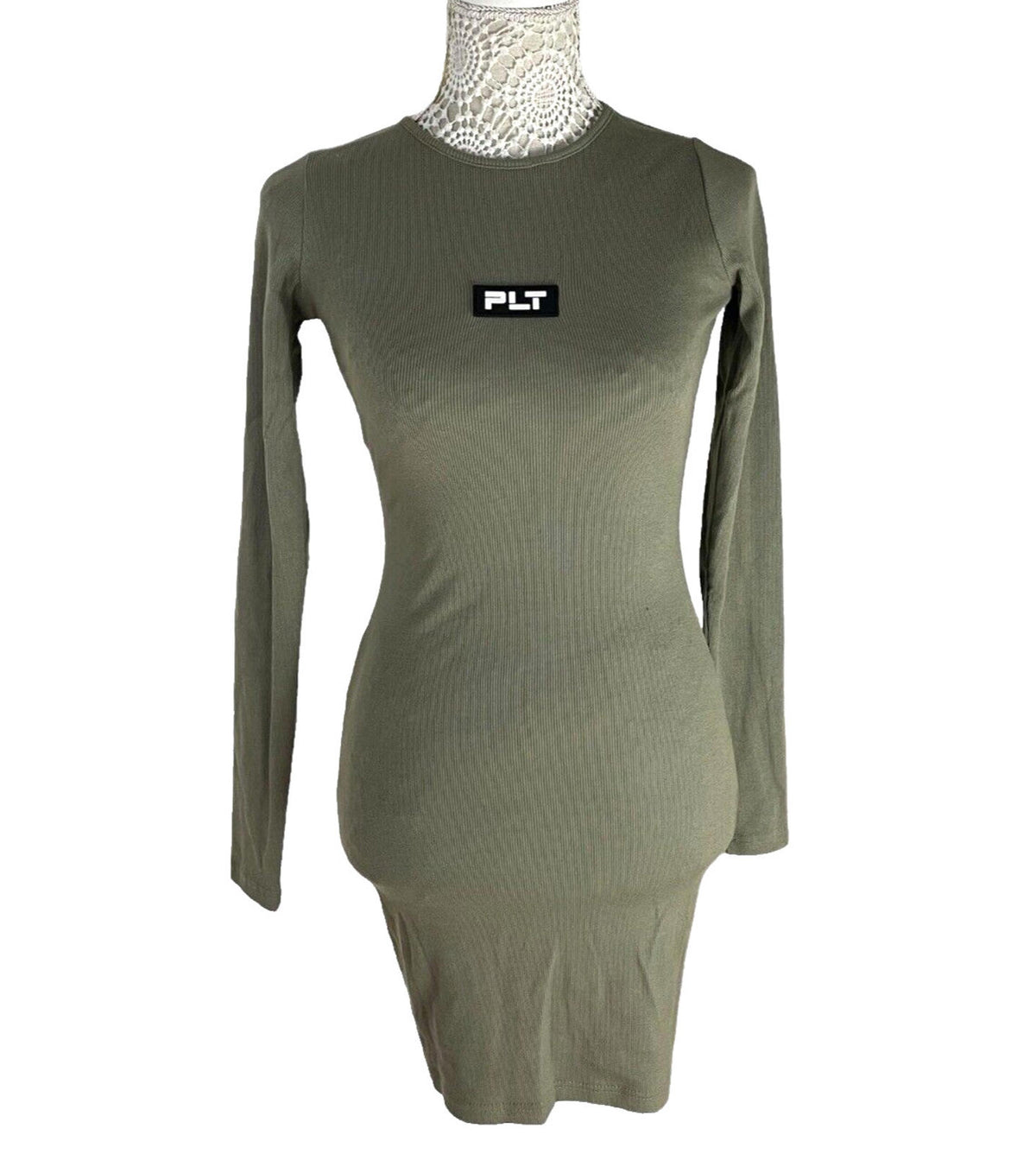 Pretty Little Thing Rib Dress Green Long Sleeve Women’s UK Size 8