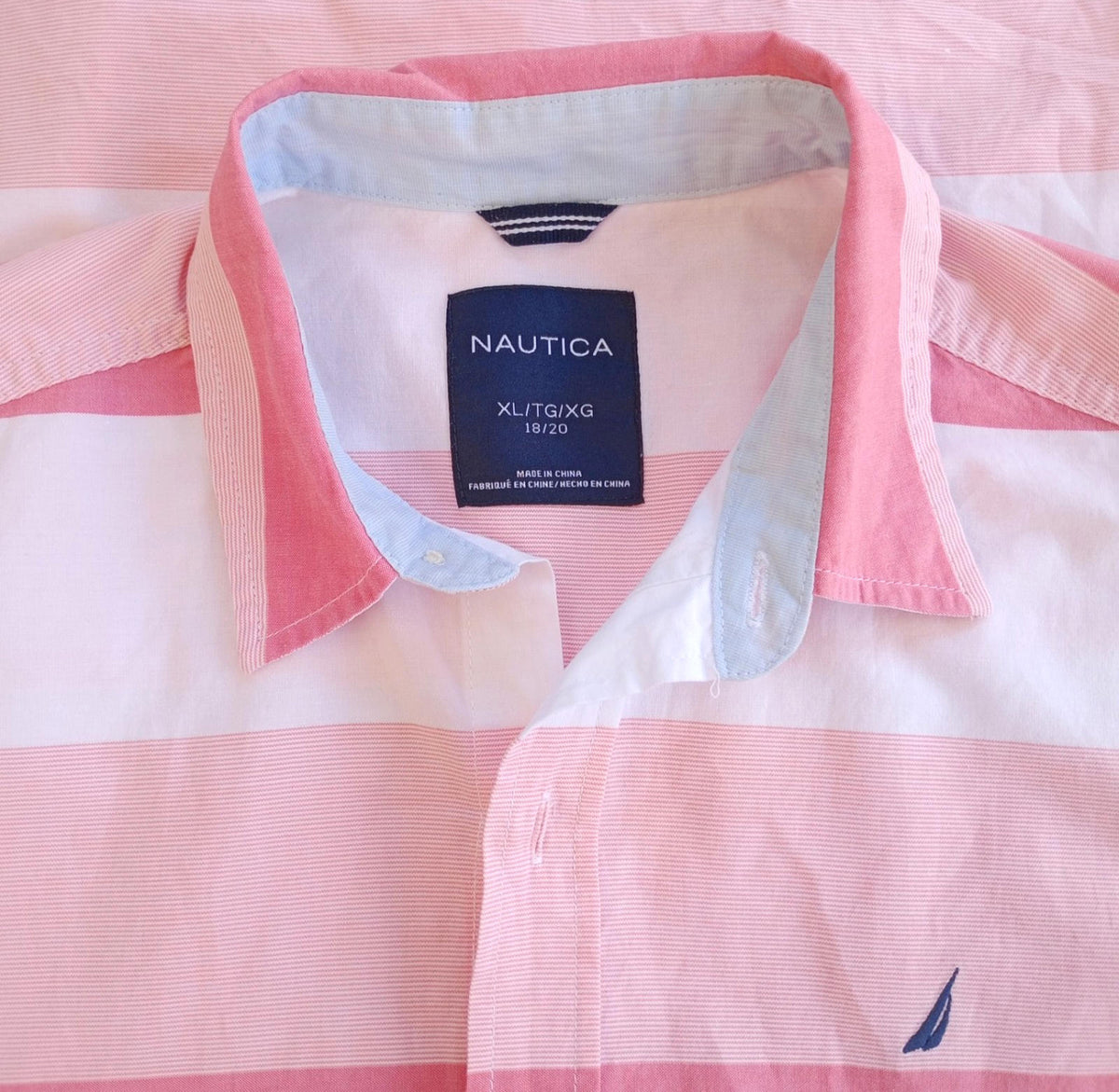 Nautica Shirt Men's UK Size S Pink Stripe Short Sleeve Pockets 100% Cotton