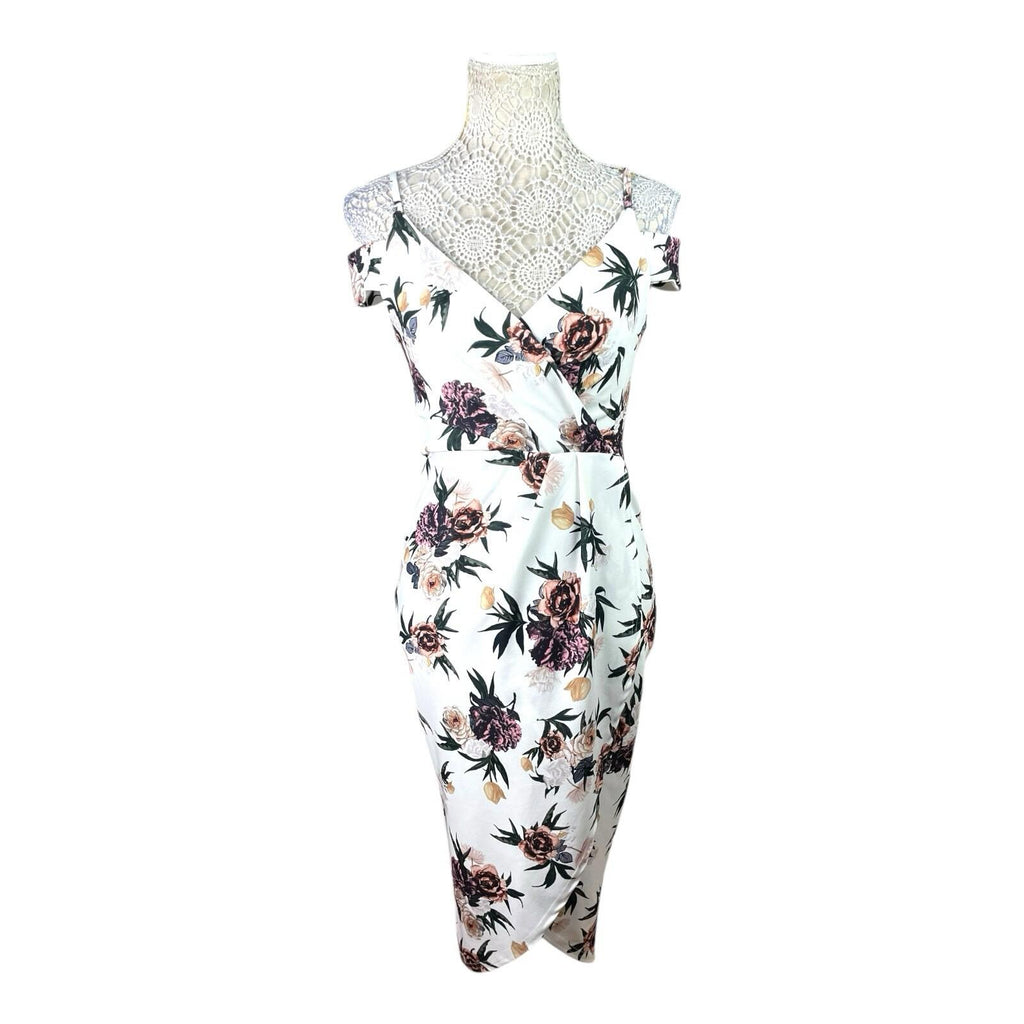 Boohoo Wrap Midi Dress Women’s UK Size 10 White Floral Cold Shoulder Cap Sleeve