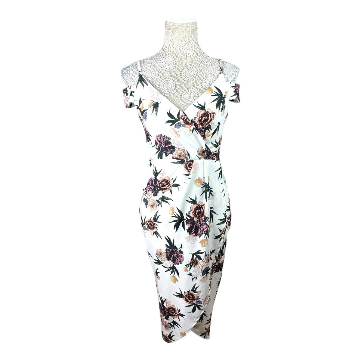 Boohoo Wrap Midi Dress Women’s UK Size 10 White Floral Cold Shoulder Cap Sleeve