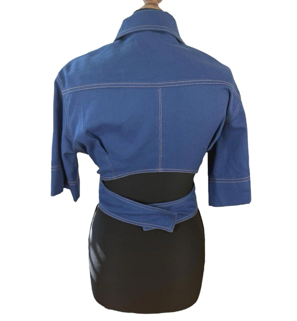 Navy Cropped Denim Shirt Women's UK Size 8 Blue Twist Cutout Detail 3/4 Sleeve Top