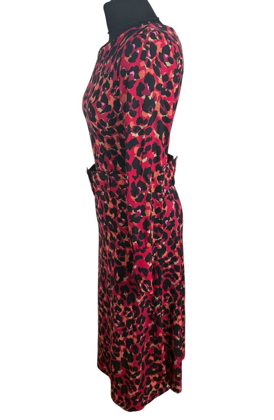 Next Leopard Print Midi Dress Women’s UK Size 6 Red & Black Long Sleeve Belted