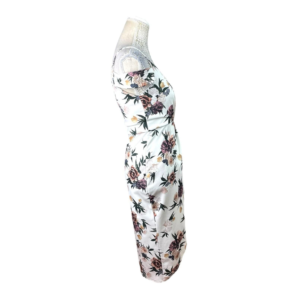 Boohoo Wrap Midi Dress Women’s UK Size 10 White Floral Cold Shoulder Cap Sleeve