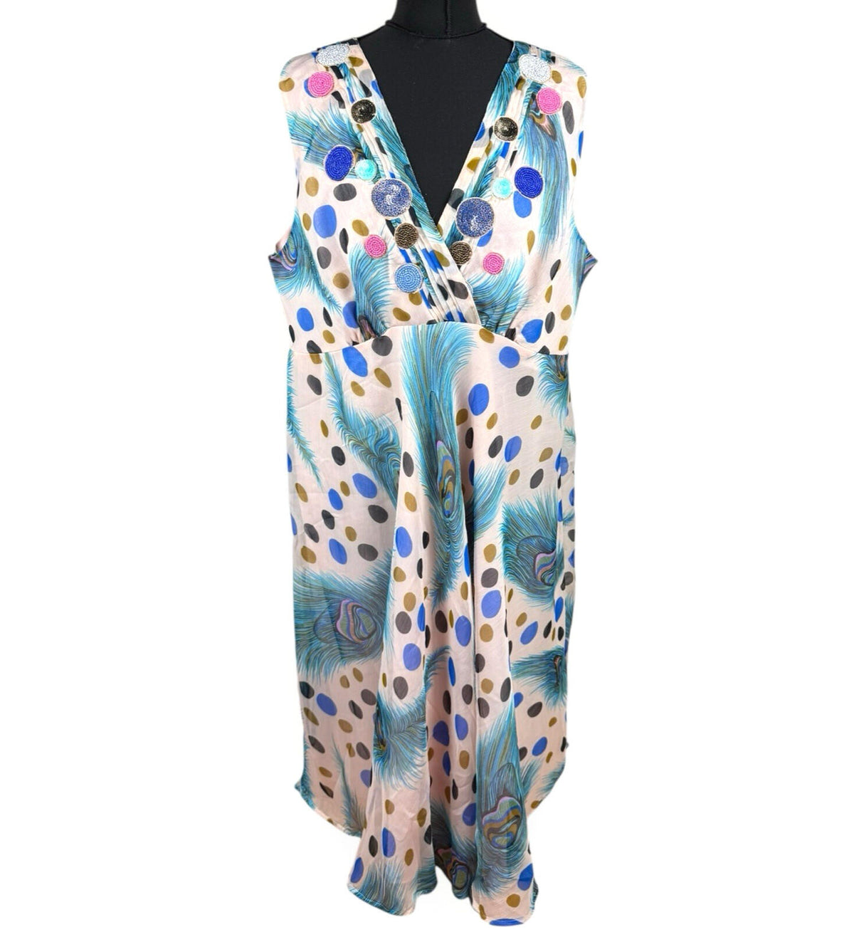 Marksharn White Marksharn Chiffon Party Dress Women's UK Size 3XL Peacock Design Multicolour