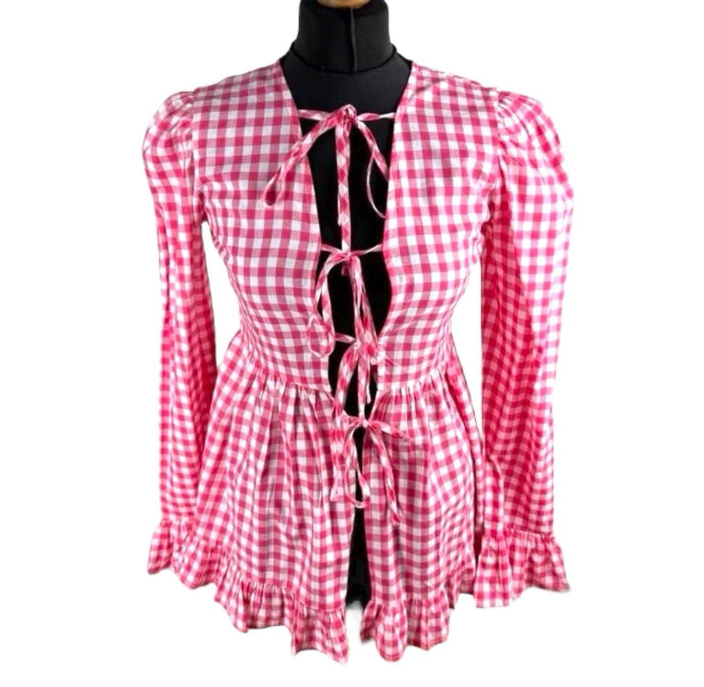 Red Gingham Tie Front Blouse Long Sleeve Grilled Hem Women's UK Size S