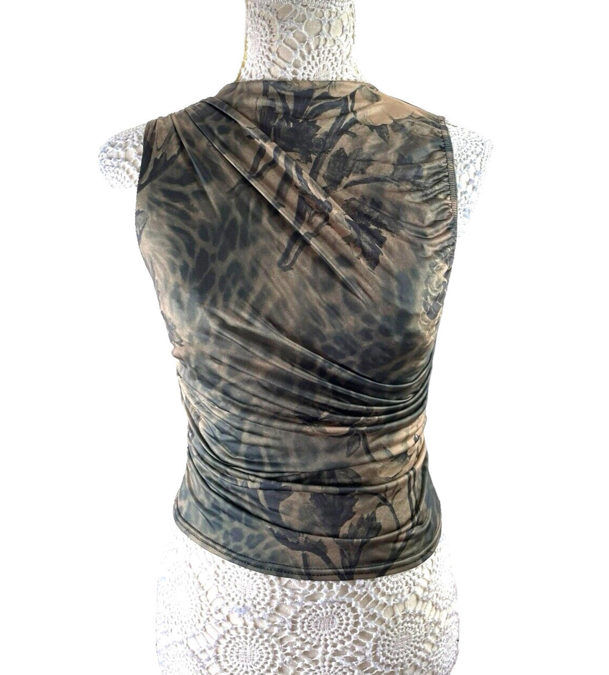 Pretty Little Thing Khaki Satin Tank Top High Neck Stretch Women's UK Size 8