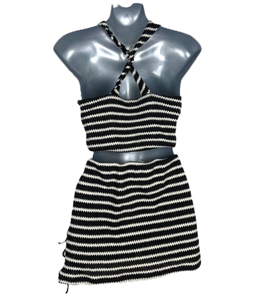 Pull&Bear Co-Ord Set Skirt And Crop Top Knit Stripe Women's UK Size 8