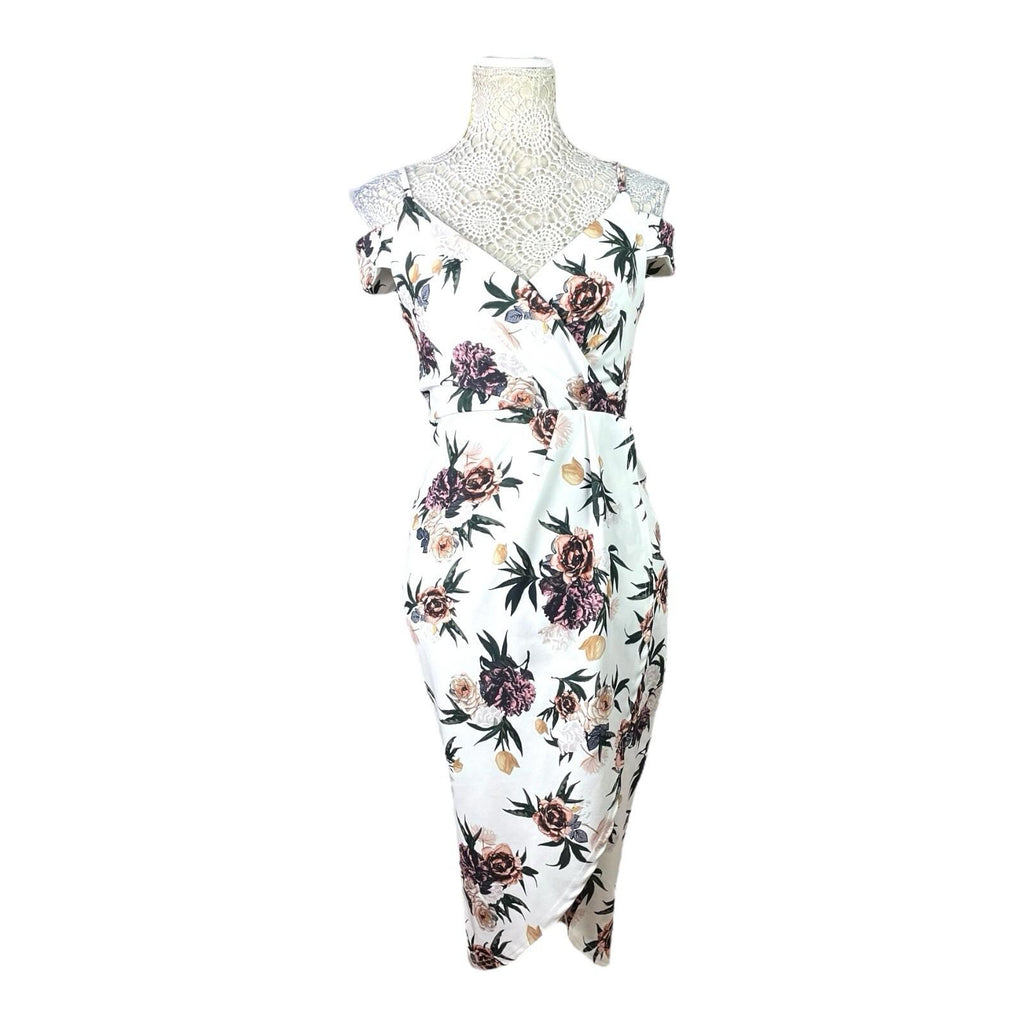 Boohoo Wrap Midi Dress Women’s UK Size 10 White Floral Cold Shoulder Cap Sleeve