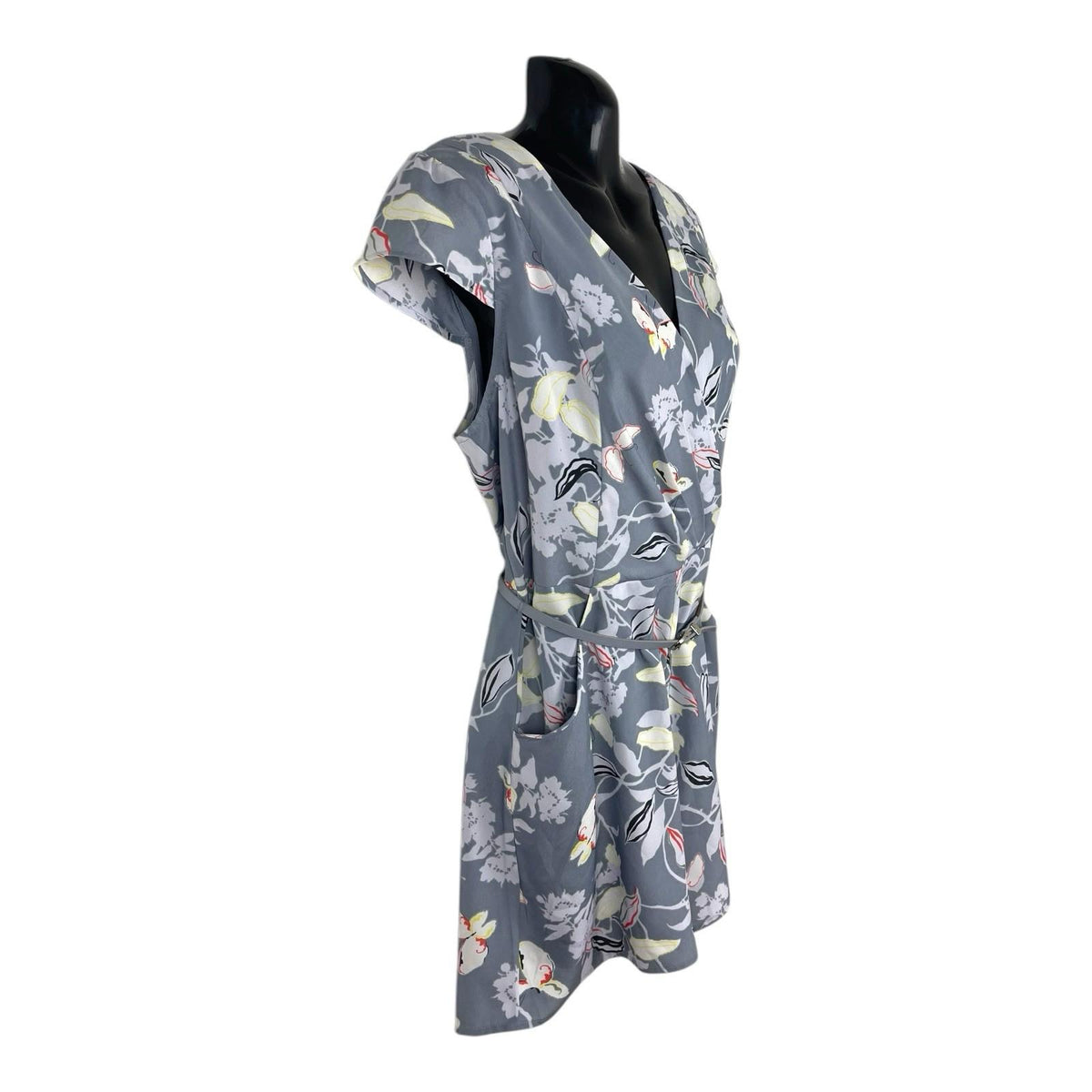 Oasis Grey Floral Playsuit Belted Pockets Women's UK Size 12
