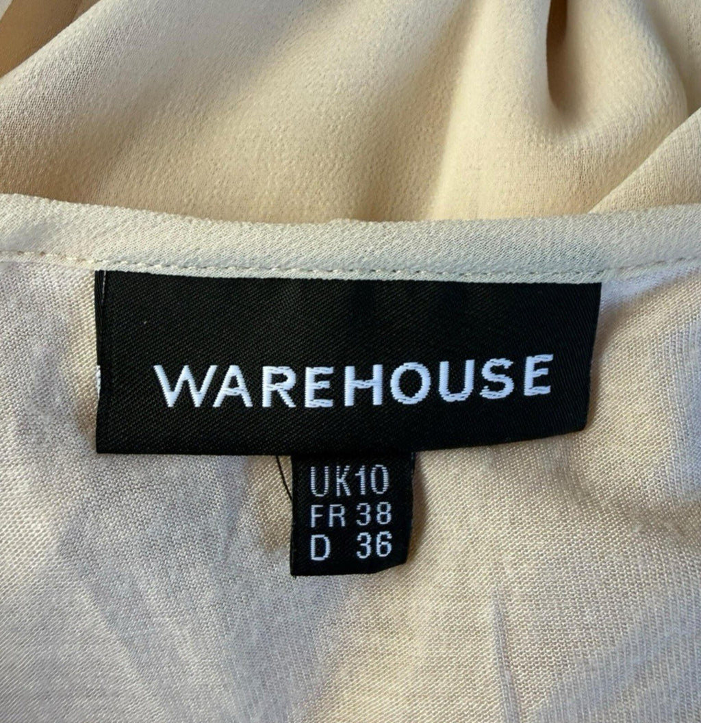 Warehouse Chiffon Layered Top Women's UK Size 10 Smocked Keyhole Front Beige