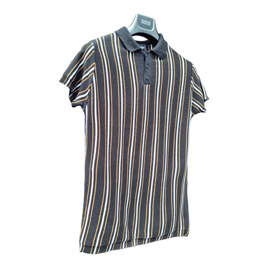 Pull&Bear Polo Shirt Men's UK Size S Black Knit Striped Jersey Tee Summer