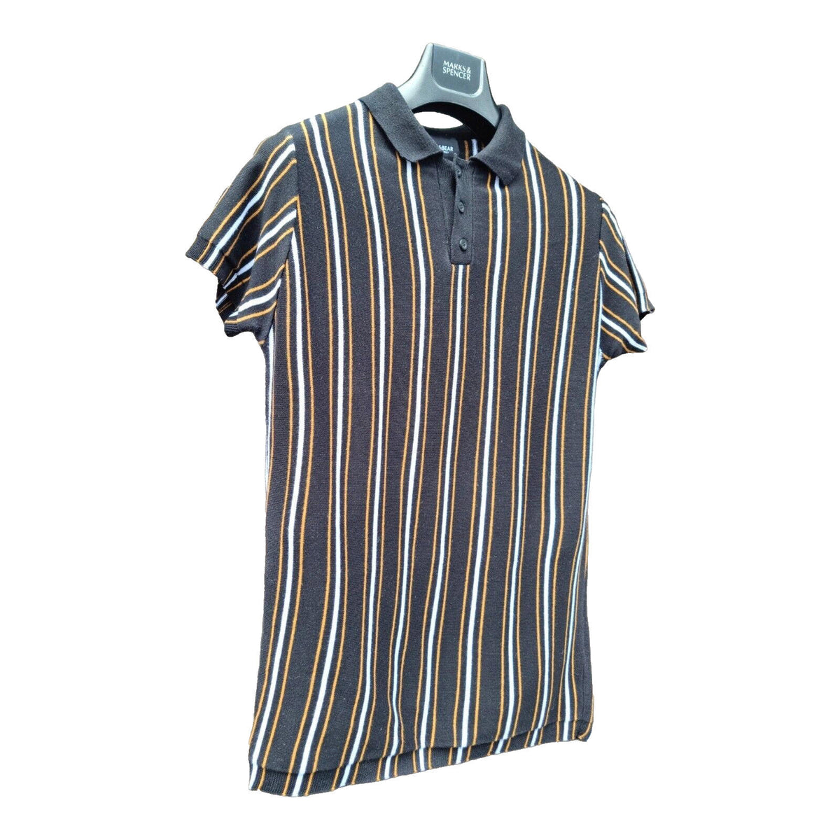 Pull&Bear Polo Shirt Men's UK Size S Black Knit Striped Jersey Tee Summer