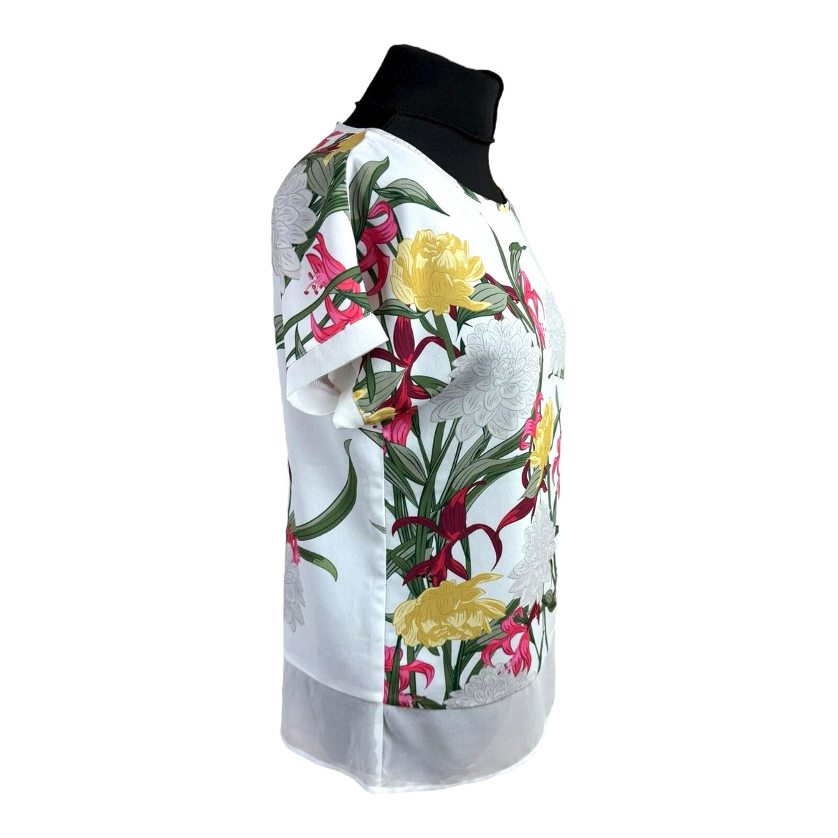Soon White Floral T-shirt Top Chiffon Panel Relaxed Fit Women's UK Size 8
