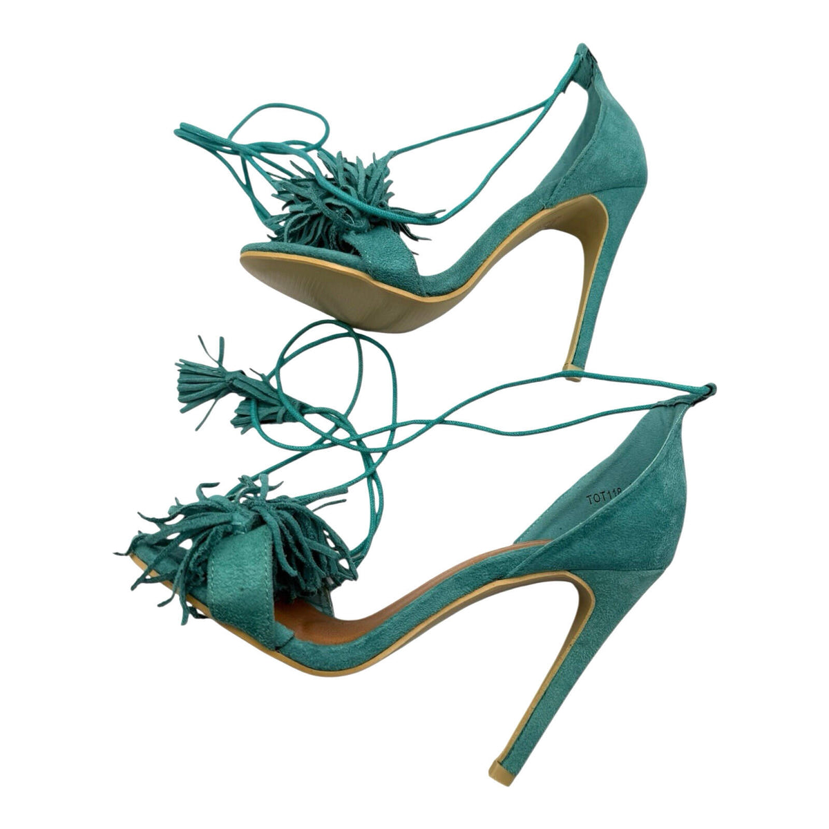 No Doubt DarkGreen No Doubt Strap Up Stiletto Shoes Women's UK Size 4 Open Tasseled Toe Green Suede