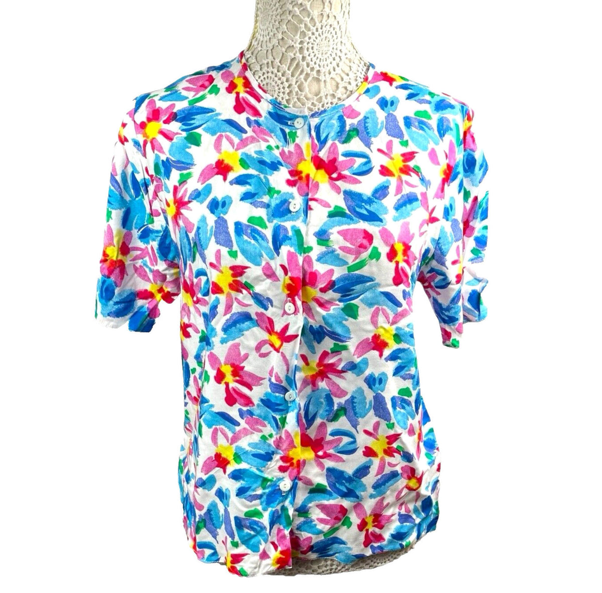 Features White Floral Shirt Blouse Women's UK Size 12 Multicolored Short Sleeve Collarless