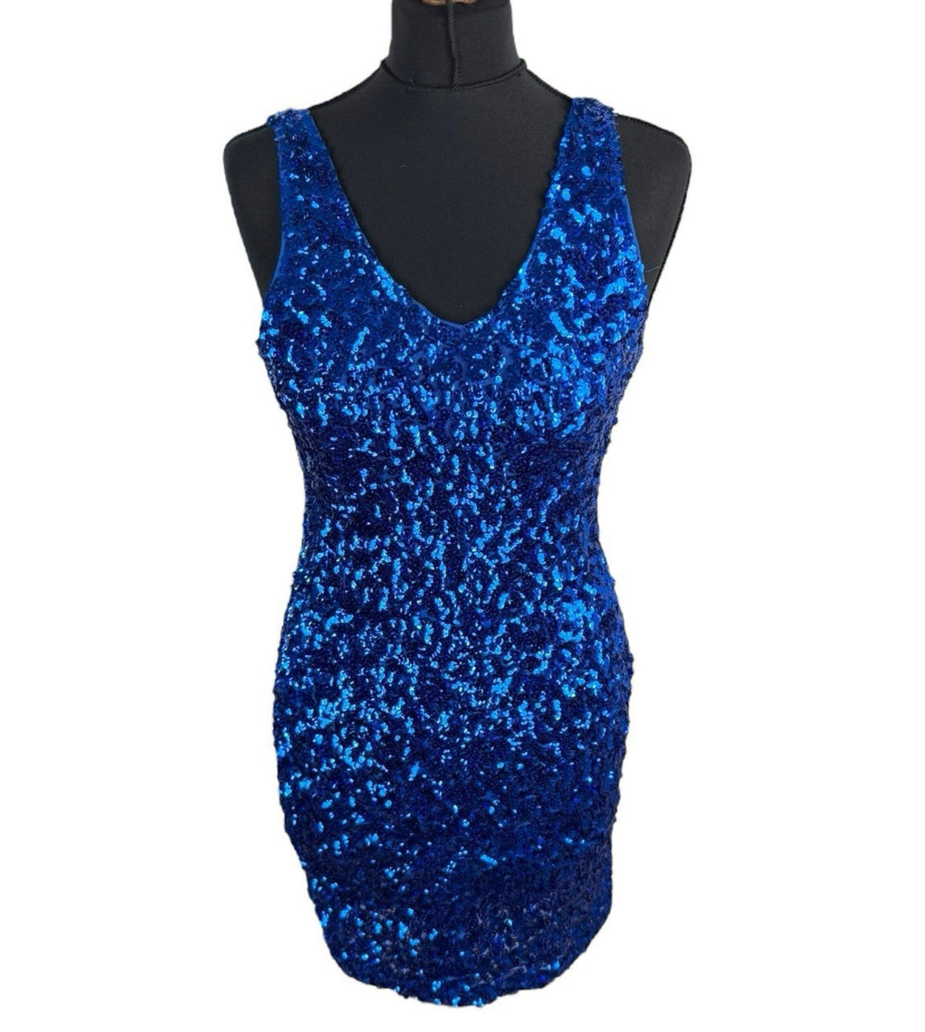 Covos Sequin Cocktail Dress Women's UK Size XL Bodycon V Neck Party Mini Blue Sparkle