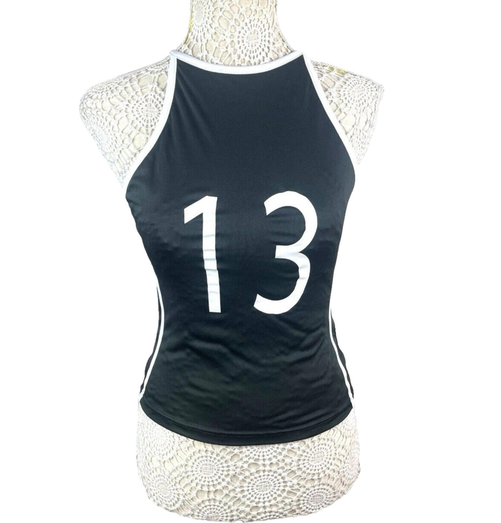Manor Black Tank Top Women's UK Size 8  Black Number 13 Print Sleeveless Slim Fit Summer