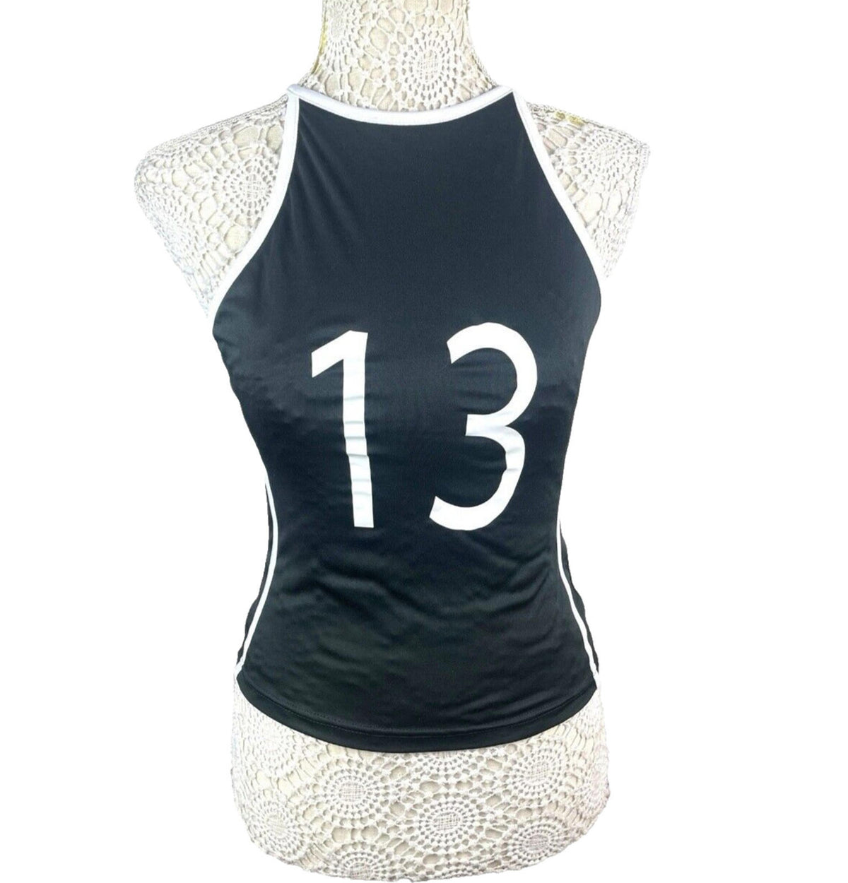 Manor Black Tank Top Women's UK Size 8  Black Number 13 Print Sleeveless Slim Fit Summer