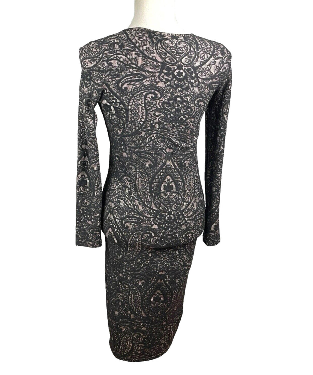 TopShop Black Topshop Black Embroidered Midi Dress Long Sleeve Bodycon Women's UK Size 12