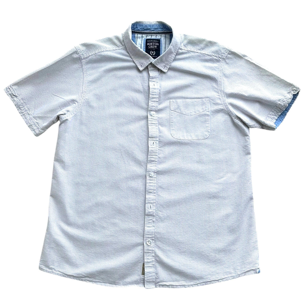 Boston Crew Shirt Men's UK Size XL White & Beige Stripe Casual Short Sleeve