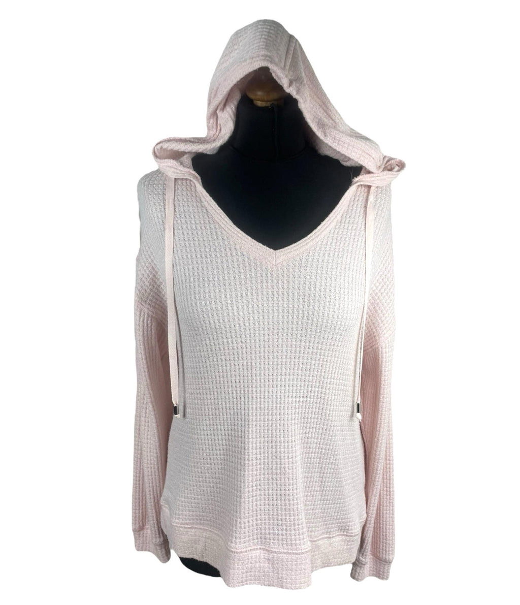 Lounge Wear Pink Waffle Knit Hooded Top Women's UK Size 10 Pale Pink Deep V-Neck Textured Sweater