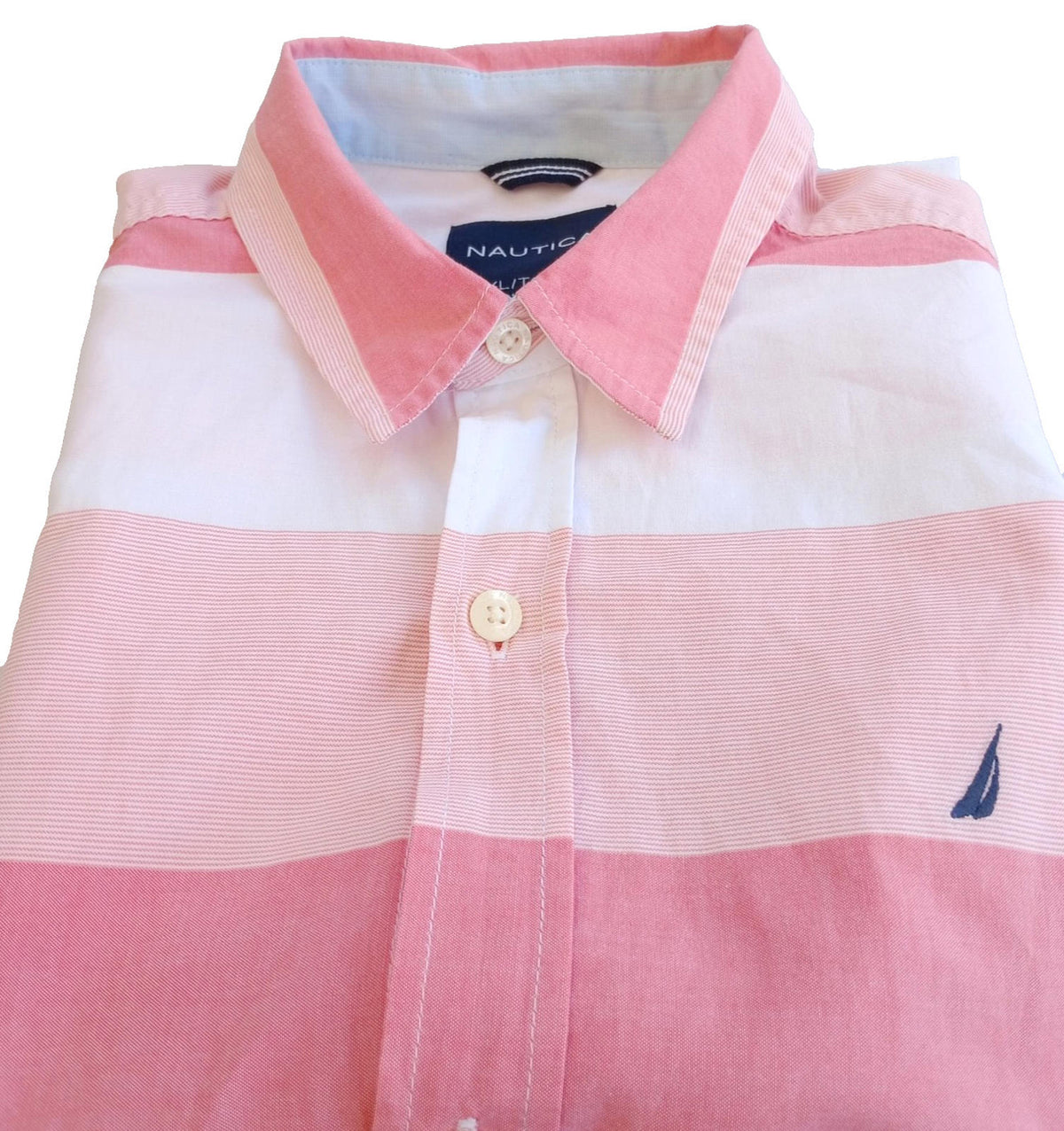 Nautica Shirt Men's UK Size S Pink Stripe Short Sleeve Pockets 100% Cotton