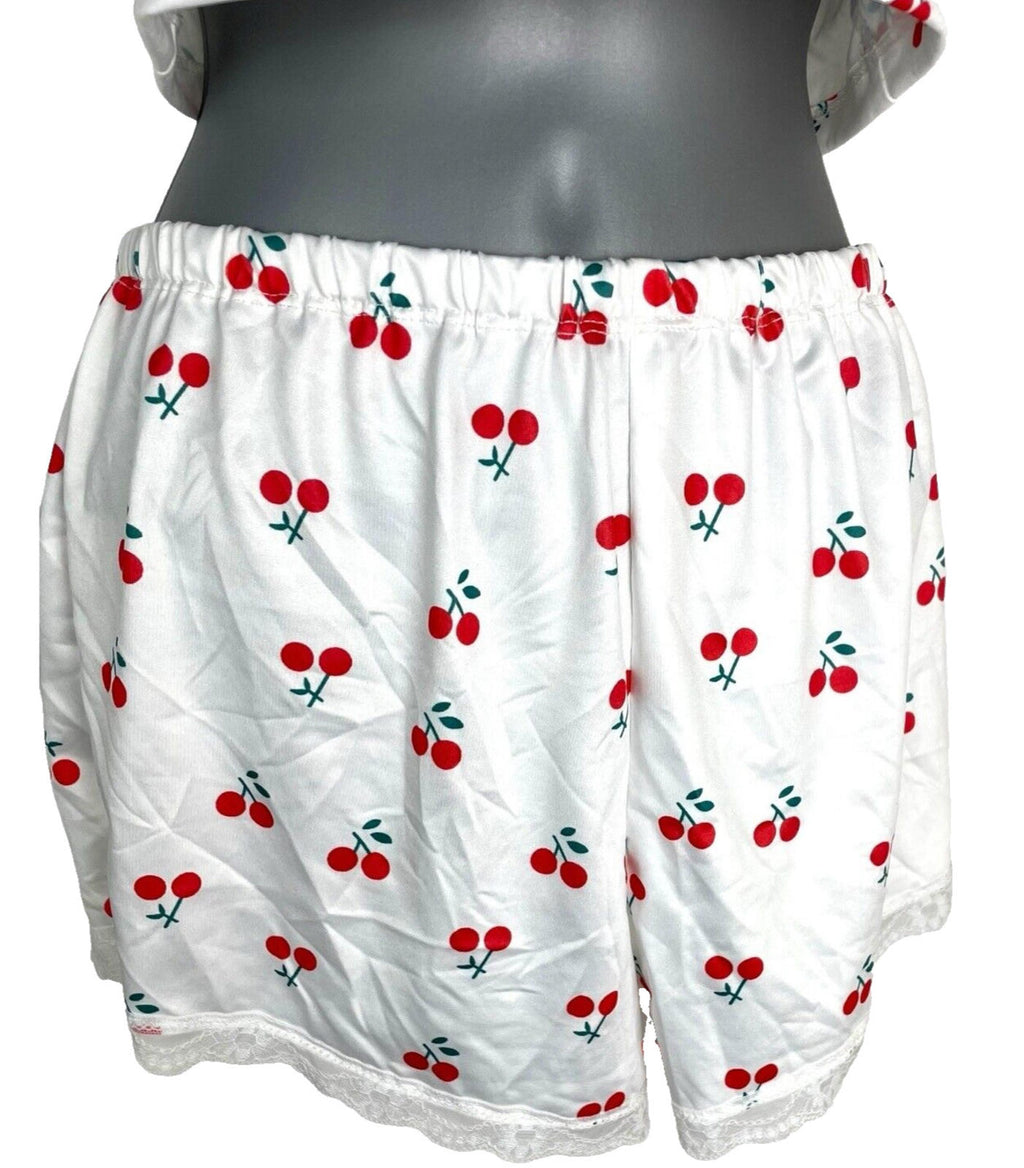 White Satin Shorts & Crop Top Co Ord Cherry Print Women's UK Size 6-8