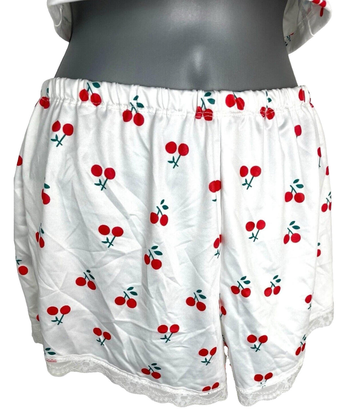 White Satin Shorts & Crop Top Co Ord Cherry Print Women's UK Size 6-8