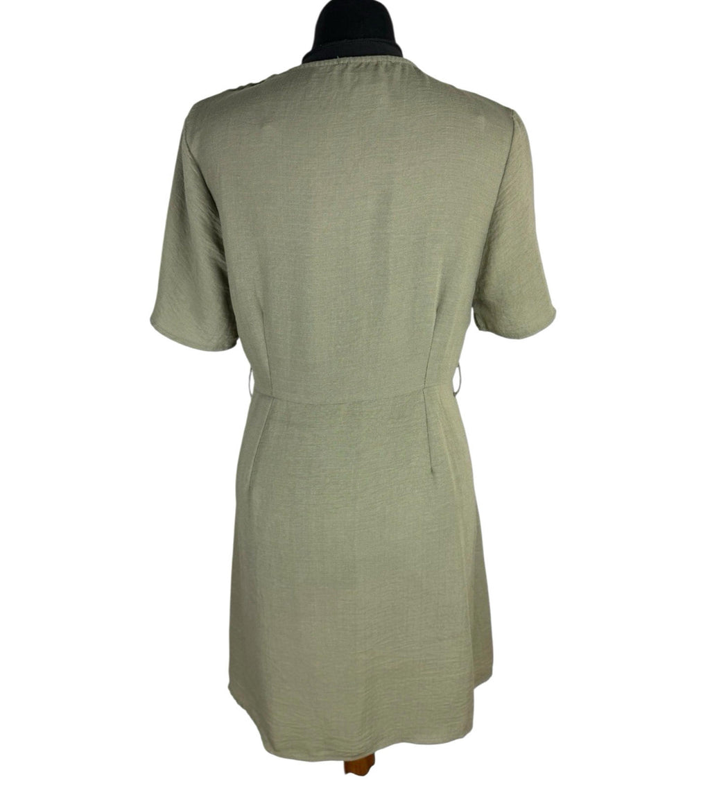 Primark Khaki Green Dress Brown Button Knee Length V Neck Women’s UK Size 12