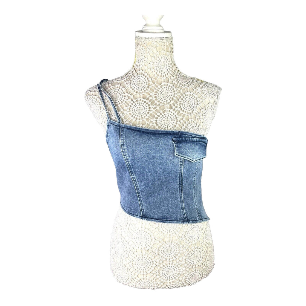 Blue Denim One Shoulder Asymmetrical Crop Top Mock Pocket Women's UK Size 8