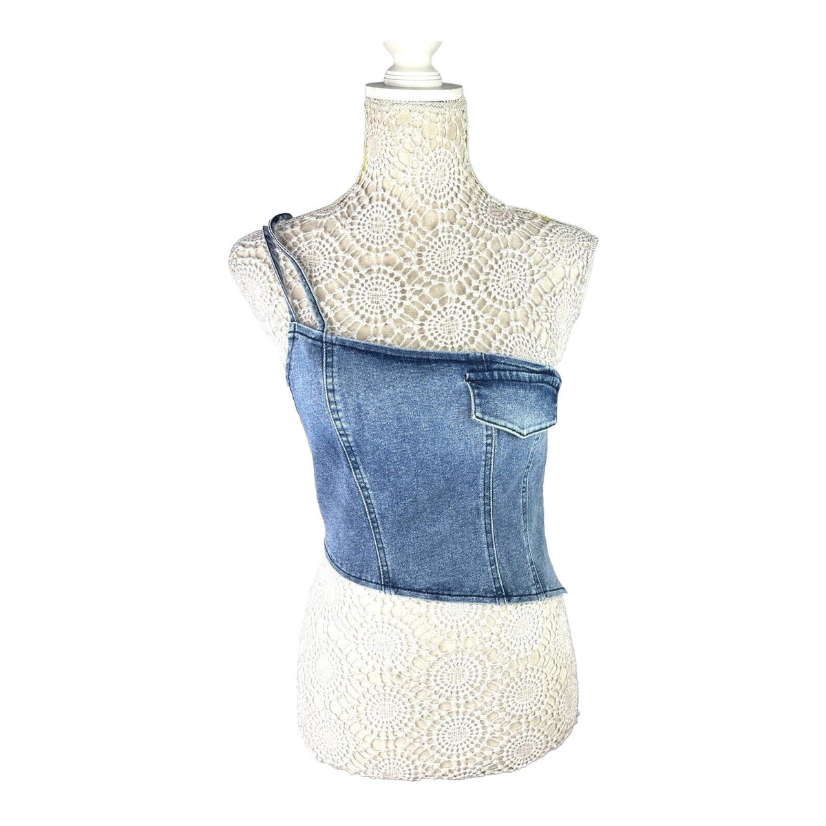 Blue Denim One Shoulder Asymmetrical Crop Top Mock Pocket Women's UK Size 8