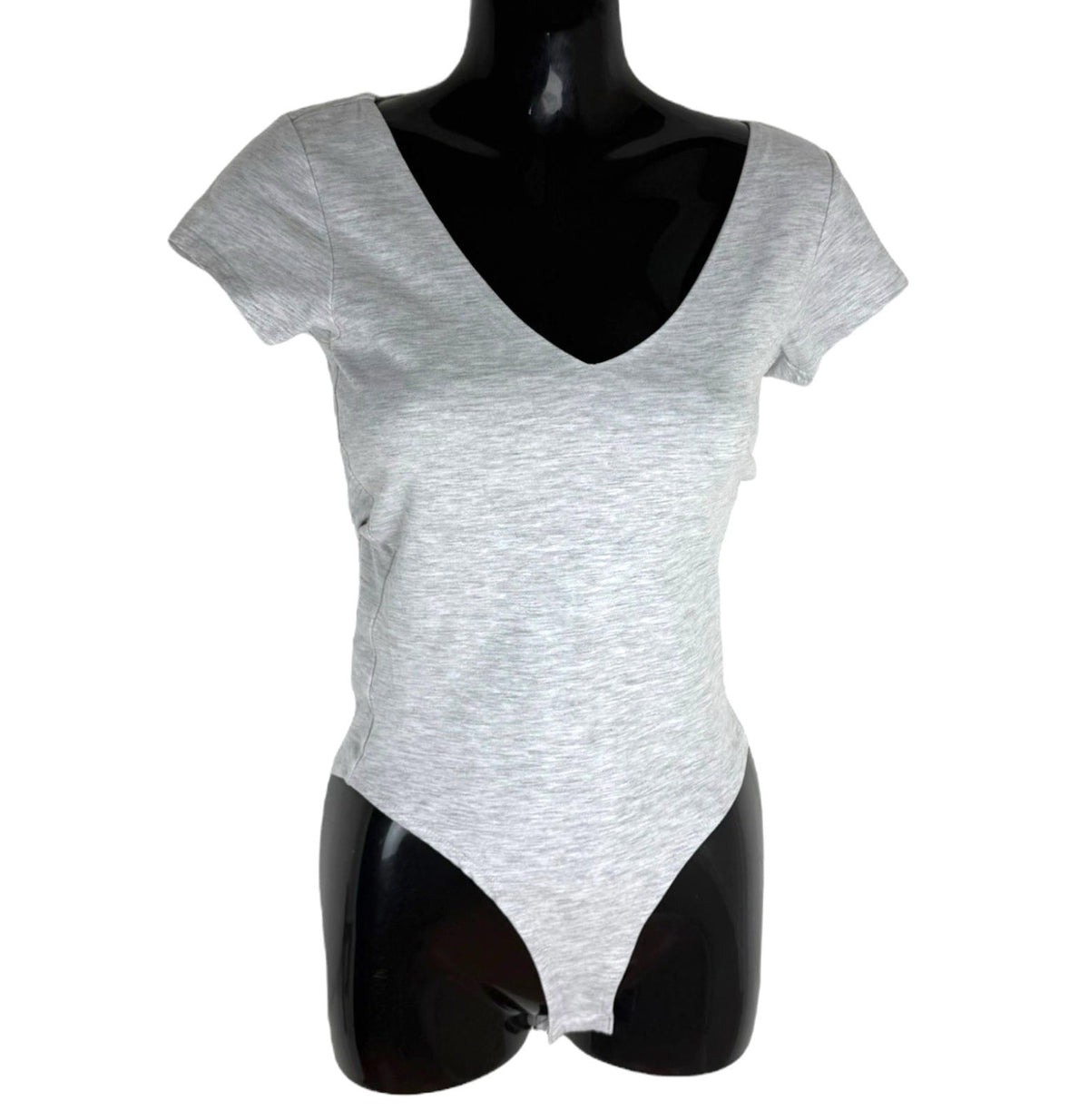 New Look Gray New Look Bodysuit Women's UK Size 6 Grey Jersey V Neck Short Sleeve Snap Summer