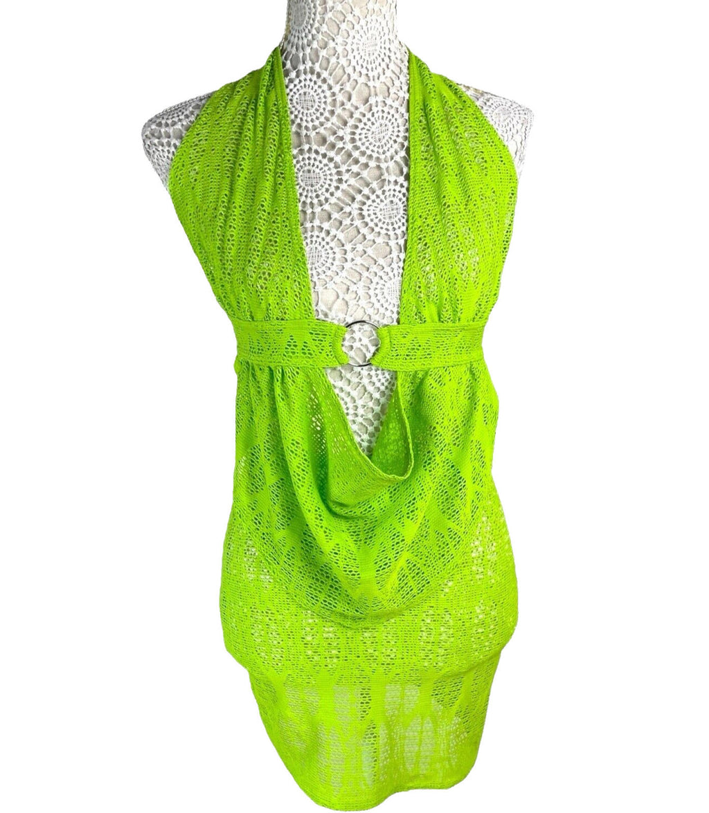 Lime Green Knit Mesh Skirt Co-Ord Set Cowl Halter Neck Women's UK Size 8