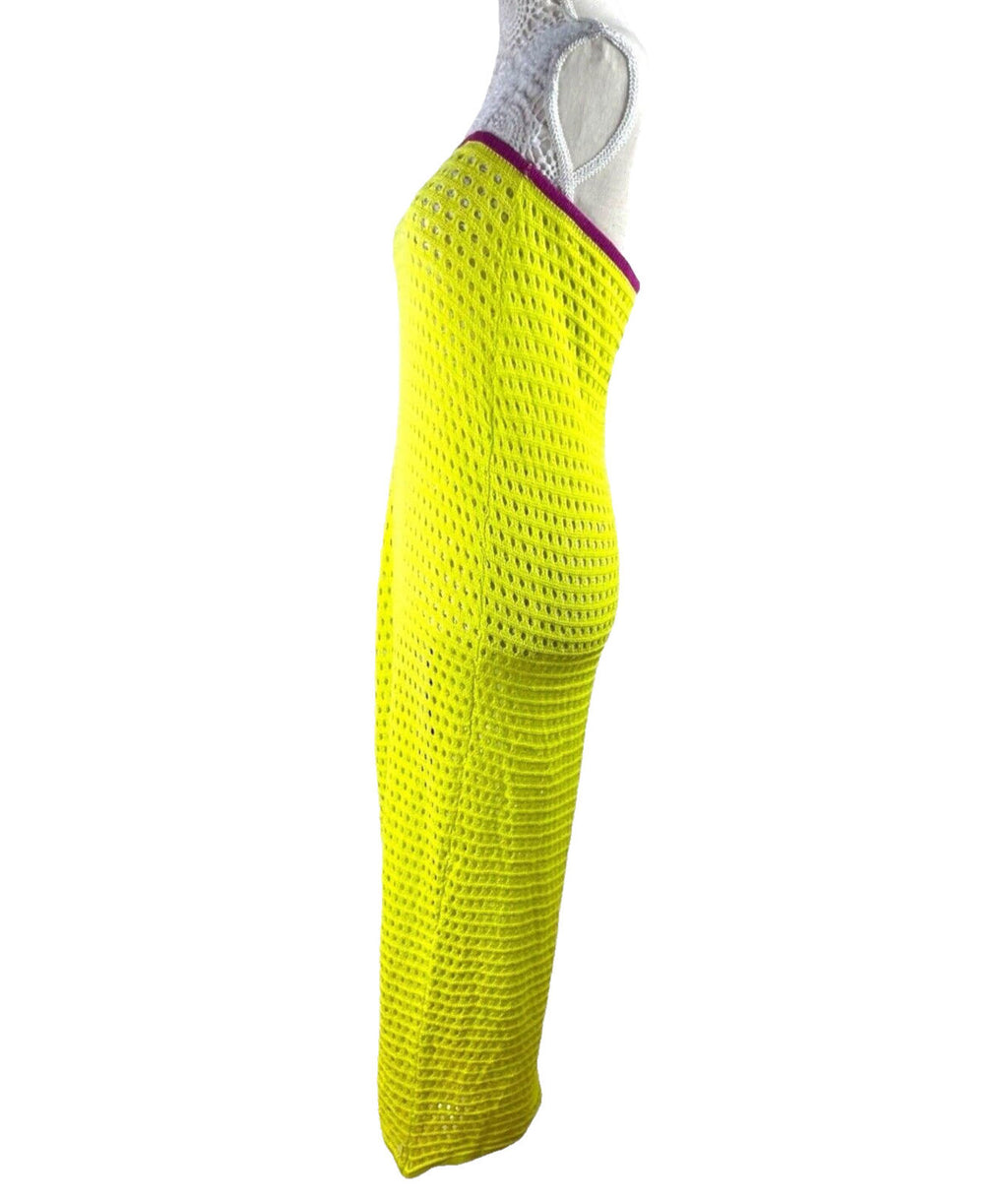 Strapless Crochet Maxi Dress Women’s UK Size 8 Lime Green High Cut Out Side Slit