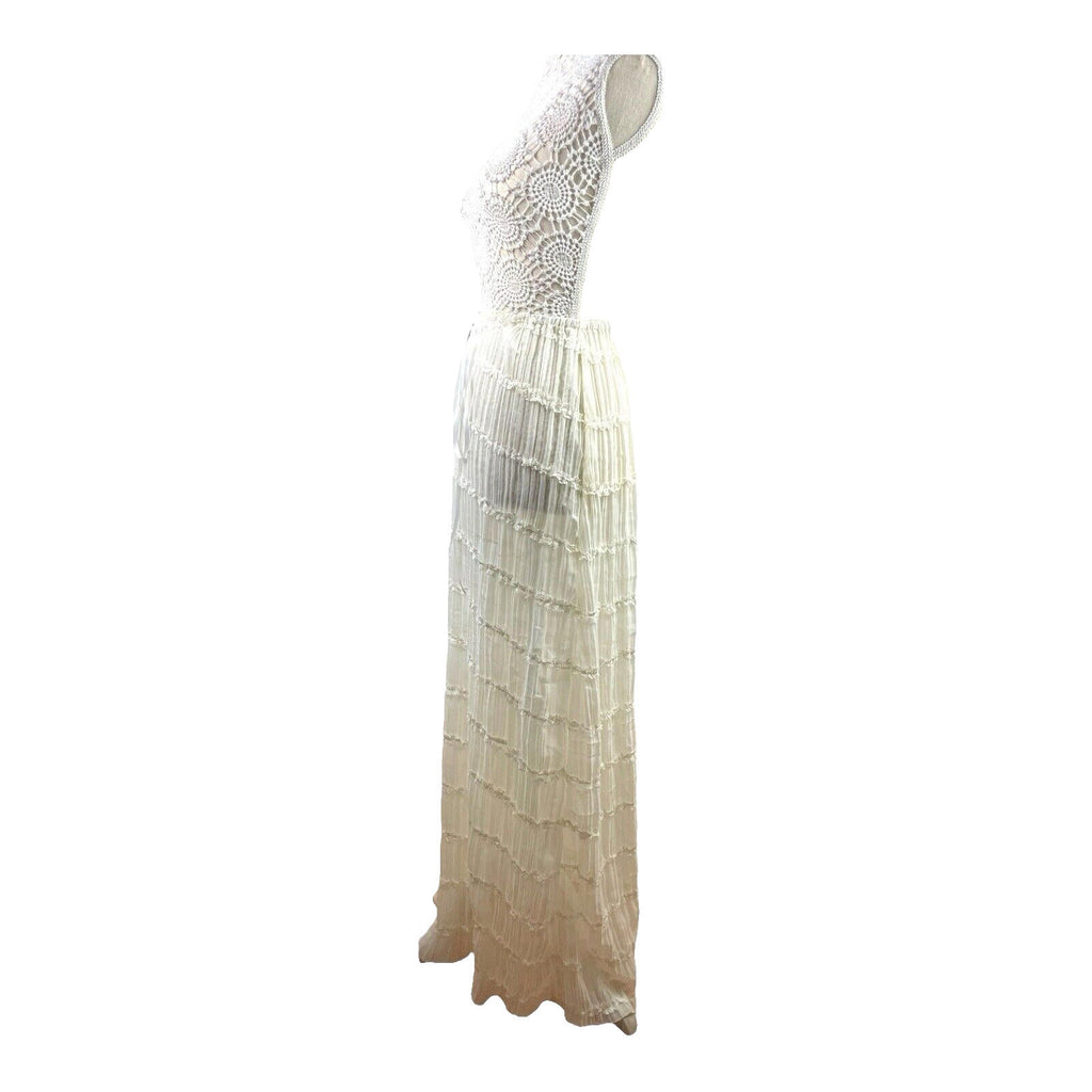 White Semi Sheer Maxi Skirt Fine Pleat High Waist Women's UK Size 10
