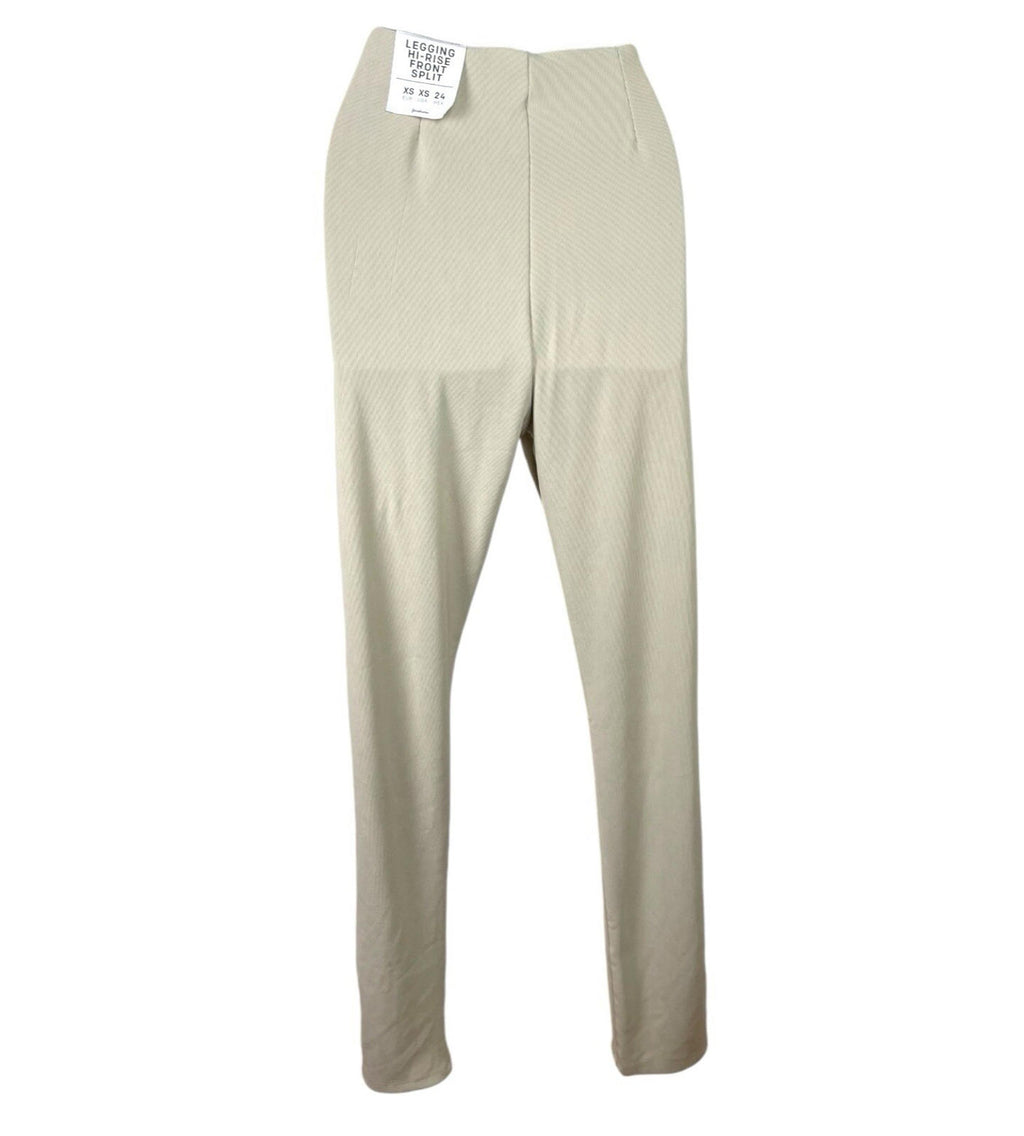 Stradivarius Leggings Women's UK Size XS Beige Ribbed High Rise Front Split