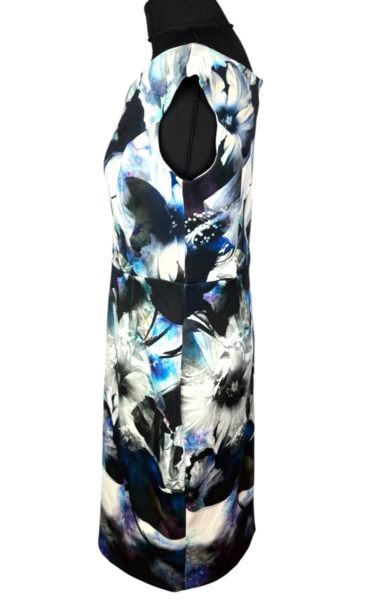 COAST Floral Wiggle Dress UK 16 Blue Black Scuba Bodycon Midi Wedding Guest