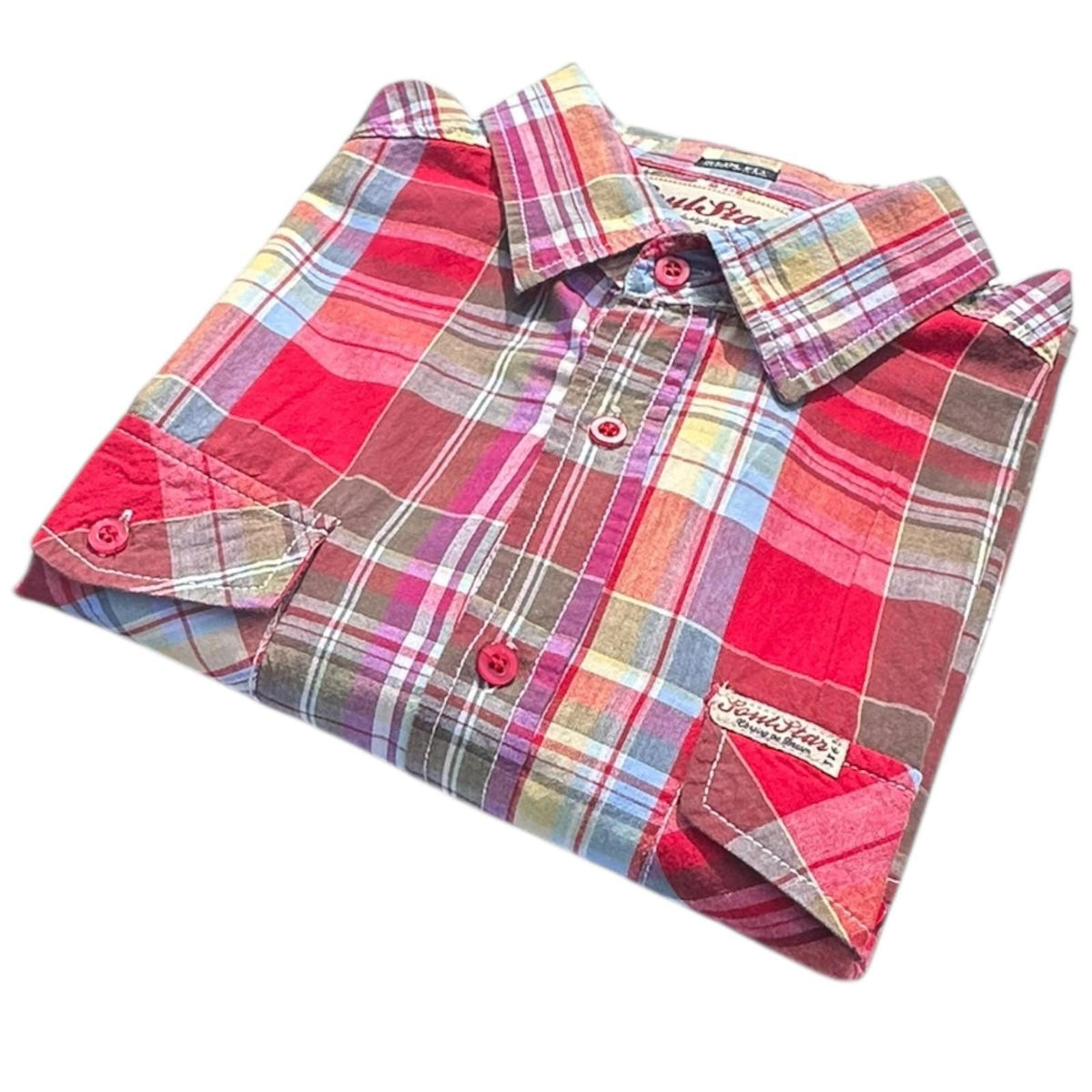 SoulStar Shirt Men's UK Size XL Red Check Embroidered Logo 100% Cotton Summer