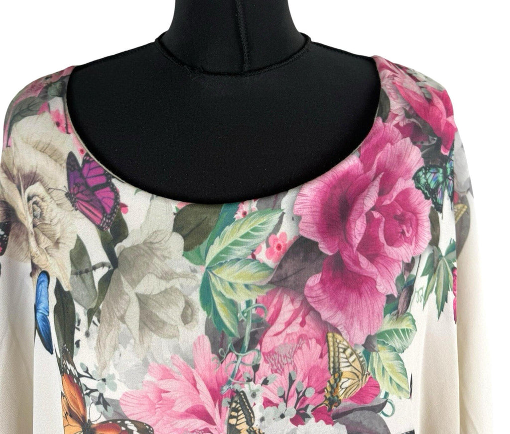 Floral Smock Blouse Top Women's UK Size L Chiffon Relaxed Fit Lined Floral Beige