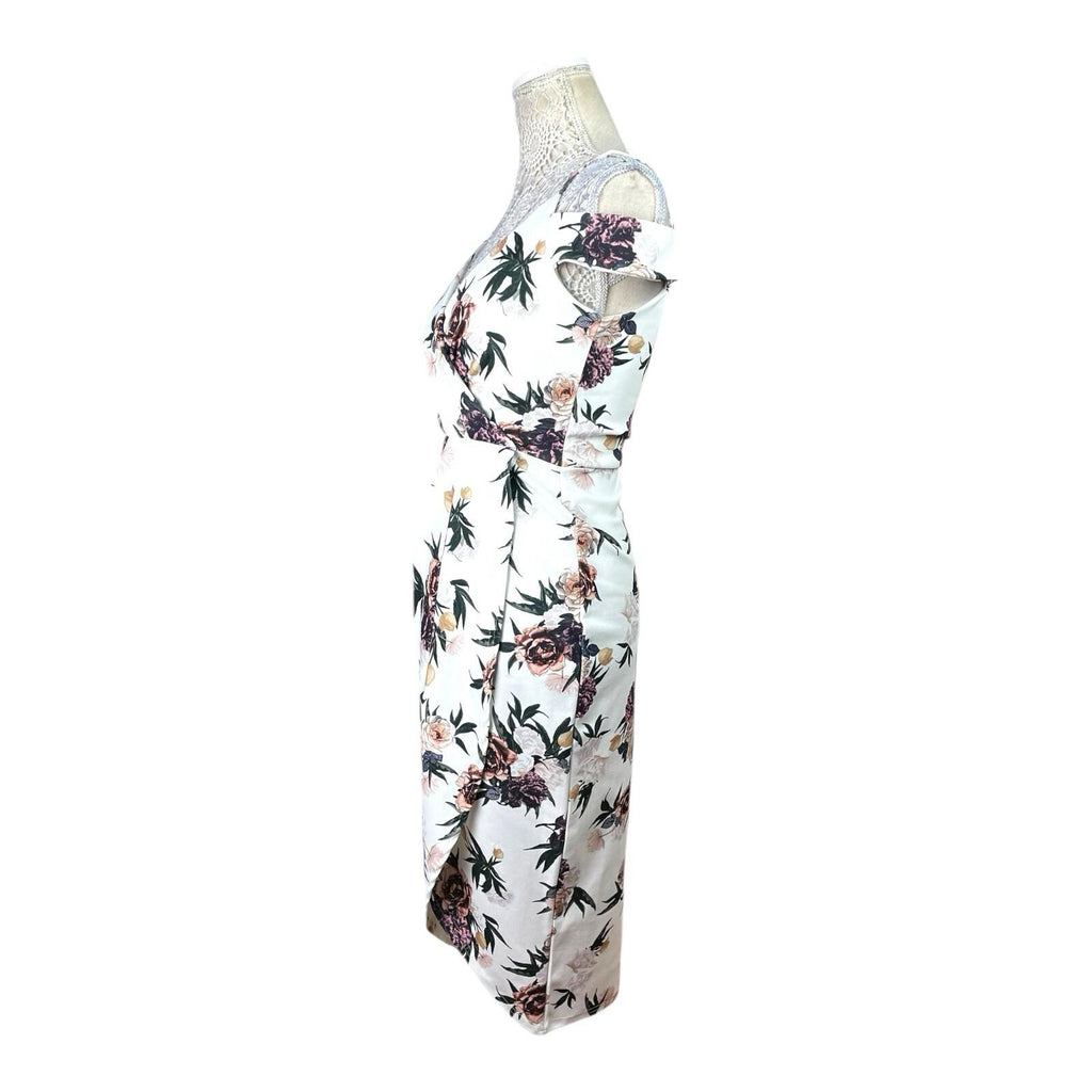 Boohoo Wrap Midi Dress Women’s UK Size 10 White Floral Cold Shoulder Cap Sleeve