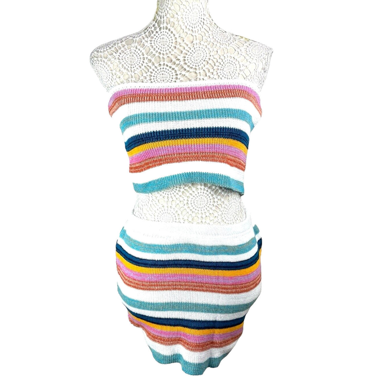 Multicolour Stripe Knit Two-Piece Set Women's UK Size 8 Bandeau Crop Top & Skirt