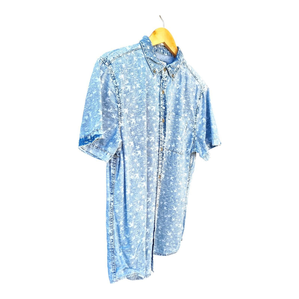 River Island Denim Shirt Blue Short Sleeve Bird Pattern Men's UK Size Large